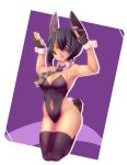  armpits arms_up bare_shoulders black_hair black_legwear blush breasts bunny_pose bunny_tail bunnysuit checkered checkered_necktie chestnut_mouth cleavage detached_collar eyepatch fingerless_gloves gloves headgear highres kantai_collection midair moeroknight navel navel_cutout necktie open_mouth shoes simple_background tail teeth tenryuu_(kantai_collection) thigh-highs wrist_cuffs yellow_eyes 
