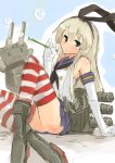  1girl :3 :o anchor_hair_ornament ankle_boots armpits bare_shoulders black_ribbon blonde_hair blue_skirt blush body_blush boots buttons cannon crossed_legs elbow_gloves expressionless full_body gloves green_eyes grey_boots hair_ornament hair_ribbon hairband horizontal_stripes kantai_collection long_hair looking_at_viewer machinery miniskirt neckerchief parted_lips pleated_skirt rensouhou-chan ribbon robot shimakaze_(kantai_collection) shirt sketch skirt sleeveless sleeveless_shirt soap_bubbles sonjow4 striped striped_legwear tareme thigh-highs turret very_long_hair white_gloves white_shirt zettai_ryouiki 