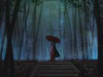  1girl absurdly_long_hair bamboo bamboo_forest black_hair blurry depth_of_field forest grass highres hime_cut holding holding_umbrella houraisan_kaguya long_hair long_skirt long_sleeves looking_at_viewer looking_to_the_side maroon_skirt nature night oriental_umbrella petals pink_shirt red_eyes sarena shirt skirt smile solo stairs touhou umbrella very_long_hair wide_sleeves wind 