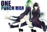  2girls ass bangs black_dress black_hair boots copyright_name dress frown fubuki_(one-punch_man) fur_coat green_eyes green_hair height_difference high_heel_boots high_heels highres multiple_girls one-punch_man short_hair siblings sisters smile tatsumaki thigh-highs thigh_boots 