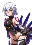  1girl armpits assassin_of_black bandages bare_shoulders belt black_legwear black_panties boots fate/apocrypha fate/grand_order fate_(series) gloves green_eyes himo knife looking_at_viewer markings navel panties scar short_hair silver_hair solo thigh-highs underwear weapon white_hair 