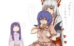  3girls bangs bat_wings blue_hair blush bow capelet collared_shirt commentary_request crescent_moon dress dropping fujiwara_no_mokou groping hair_bow hair_ornament looking_at_another moon multiple_girls no_hat pants patchouli_knowledge pink_shirt pink_skirt purple_dress purple_hair red_eyes red_pants remilia_scarlet shirt short_sleeves silver_hair simple_background sketch skirt smile surprised suspenders terimayo touhou translation_request white_background wings wrist_cuffs 