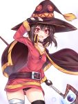  1girl :d bandaged_leg bandages belt black_hair black_legwear black_panties cape collar cowboy_shot dress fingerless_gloves gloves hat highres kono_subarashii_sekai_ni_shukufuku_wo! looking_at_viewer megumin miyabi_urumi open_mouth panties pantyshot red_eyes short_hair single_thighhigh smile solo staff thigh-highs underwear witch_hat 