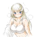  /\/\/\ 1girl bare_shoulders bismarck_(kantai_collection) blonde_hair blue_eyes blush breasts cleavage collarbone kantai_collection long_hair looking_at_viewer midriff navel sketch solo sports_bra sweat tamu_(mad_works) white_background 