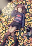  androgynous brown_hair chara_(undertale) closed_eyes flower_bed frisk_(undertale) heart highres lying nanahii shoes shorts socks spoilers striped striped_sweater sweater tagme undertale watering_can watermark web_address 