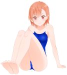  1girl bare_shoulders barefoot brown_eyes brown_hair collarbone legs_together looking_at_viewer misaka_mikoto one-piece_swimsuit short_hair smile solo swimsuit to_aru_majutsu_no_index white_background yasuto_(eria151) 