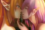  2girls bare_shoulders closed_eyes earrings elf face-to-face finger_to_another&#039;s_chin green_eyes incipient_kiss jewelry lip_piercing multiple_girls nude orange_hair original piercing pink_hair pointy_ears yuri zxlai 