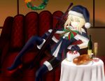  1girl alcohol artist_request blonde_hair boots breasts cake cape champagne champagne_flute chicken_(food) christmas cleavage cup dark_excalibur drinking_glass fate/grand_order fate_(series) food fur-trimmed_cape fur-trimmed_legwear hat looking_at_viewer pantyhose ribbon saber saber_alter santa_hat smile solo thigh-highs thigh_boots wreath yellow_eyes 