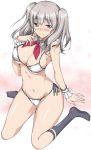  1girl aoiakira553 aqua_eyes bare_shoulders bikini black_legwear blush breasts cleavage crotch kantai_collection kashima_(kantai_collection) kneehighs looking_at_viewer midriff navel neckerchief no_hat silver_hair smile solo swimsuit twintails white_swimsuit wrist_cuffs 