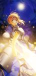  1girl ahoge armor artist_request blonde_hair colored_eyelashes fate/stay_night fate_(series) glowing glowing_sword glowing_weapon green_eyes highres knight saber solo star tree weapon 