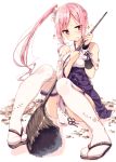  1girl broom highres japanese_clothes miko original pink_eyes pink_hair sakuragi_ren side_ponytail solo thigh-highs white_legwear 