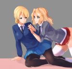  2girls arm_support blonde_hair blue_eyes breasts darjeeling girls_und_panzer green_eyes highres holding_hands jacket kay_(girls_und_panzer) multiple_girls necktie pantyhose skindentation skirt smile thigh-highs thighs wawawa_(hisuterisisusa) white_legwear 