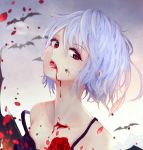  1girl ahoge bangs bare_shoulders bat bat_wings blood blood_in_mouth blood_on_face collarbone dripping eyebrows eyebrows_visible_through_hair eyelashes fangs flower head_tilt highres homo_1121 looking_at_viewer looking_to_the_side no_hat open_mouth petals portrait red_eyes red_rose remilia_scarlet revision rose saliva short_hair sleeveless solo strap_slip touhou wings 