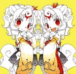  2girls animal_ears curly_hair detached_sleeves fang flower furry hair_flower hair_ornament holding_hands japanese_clothes kimono kishibe long_hair looking_at_viewer multiple_girls open_mouth original red_eyes sketch smile tail white_hair wolf_ears yukata 