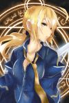  1girl ahoge breasts cleavage fate/stay_night fate/zero fate_(series) formal green_eyes loose_necktie magic_circle necktie ponytail saber solo suit unbuttoned unbuttoned_shirt 