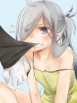  1girl akino_shuu asashimo_(kantai_collection) biting camisole grey_eyes hair_over_one_eye kantai_collection long_hair ponytail silver_hair 