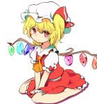  1girl ascot barefoot blonde_hair crystal flandre_scarlet full_body hat hat_ribbon looking_at_viewer mob_cap moyashi_seizoujo puffy_sleeves red_eyes ribbon shirt short_hair short_sleeves side_ponytail simple_background sitting skirt skirt_set solo touhou vest white_background wings 