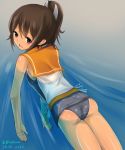  1girl ass blasowa brown_eyes brown_hair from_behind i-401_(kantai_collection) kantai_collection ponytail sailor_collar school_swimsuit short_ponytail swimming swimsuit swimsuit_under_clothes 