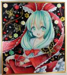  1girl aqua_eyes aqua_hair bow butterfly dress flower front_ponytail hair_bow kagiyama_hina long_hair looking_at_viewer mosho open_mouth red_dress smile solo touhou traditional_media upper_body watercolor_(medium) wrist_cuffs 