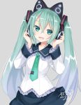  1girl animal_ears aqua_eyes aqua_hair axent_wear blush cat_ear_headphones cat_ears commentary_request frills hands_on_headphones hatsune_miku headphones hibanar long_hair looking_at_viewer necktie open_mouth skirt smile solo twintails very_long_hair vocaloid 