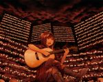  1girl boots candle commentary_request crossed_legs dress guitar hood instrument long_hair open_mouth original playing_instrument sitting skull solo yajirushi_(chanoma) 