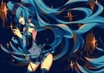  1girl absurdly_long_hair aqua_eyes aqua_hair detached_sleeves floating_hair from from_side hatsune_miku highres long_hair microphone microphone_stand necktie open_mouth singing skirt solo thigh-highs twintails very_long_hair vocaloid 