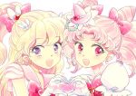  2girls :d asahina_mirai bishoujo_senshi_sailor_moon blonde_hair bow character_name chibi_usa choker color_connection cosplay costume_switch crescent_earrings cure_miracle cure_miracle_(cosplay) double_bun earrings gloves hair_bow hair_ornament hairpin half_updo hat heart heart_hands heart_hands_duo jewelry long_hair looking_at_viewer magical_girl mahou_girls_precure! mini_hat mini_witch_hat multiple_girls open_mouth pink_bow pink_eyes pink_hair pink_hat ponytail precure puffy_sleeves red_bow sailor_chibi_moon sailor_chibi_moon_(cosplay) sailor_collar saki_(hxaxcxk) short_hair smile sparkle super_sailor_chibi_moon super_sailor_chibi_moon_(cosplay) twintails upper_body violet_eyes white_background white_gloves witch_hat 