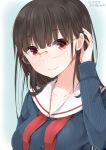  1girl 2015 adapted_costume black_hair choukai_(kantai_collection) dated glasses highres kantai_collection long_hair looking_at_viewer red_eyes ribbed_sweater smile solo sweater twitter_username yukichi_(sukiyaki39) 