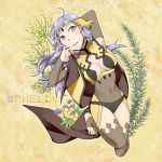  1girl ahoge barefoot breasts brown_eyes cape center_opening character_name circlet cleavage fire_emblem fire_emblem_if flower leaf long_hair navel open_mouth ophelia_(fire_emblem_if) purple_hair roirne_(satoaloa) solo 