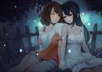  2girls black_hair blush brown_hair closed_eyes dress fence hibike!_euphonium interlocked_fingers kousaka_reina long_hair multiple_girls oumae_kumiko short_hair sitting smile truc_bui violet_eyes white_dress wooden_fence yuri 