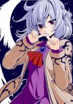  1girl bow bowtie crossed_fingers dress eichi_yuu jacket kishin_sagume long_sleeves open_clothes purple_dress red_eyes shirt short_hair silver_hair single_wing solo touhou wings 