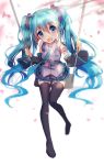  1girl aqua_hair bison_cangshu blue_eyes detached_sleeves from_above hatsune_miku highres long_hair looking_at_viewer necktie open_mouth petals skirt solo swing thigh-highs twintails very_long_hair vocaloid white_background 
