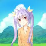  1girl antenna_hair blush hair_ribbon long_hair miyauchi_renge multiple_girls non_non_biyori open_mouth purple_hair red_eyes ribbon twintails 