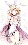  1girl animal_ears anniversary belly_chain blonde_hair blush breasts cape cleavage copyright_name detached_collar djeeta_(granblue_fantasy) double_v fake_animal_ears flower granblue_fantasy hair_flower hair_ornament hairband happy_birthday jewelry kurimomo leotard one_eye_closed rabbit_ears red_eyes short_hair smile solo twitter_username v wrist_cuffs 