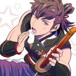 1boy armor brown_eyes brown_hair eating fire_emblem fire_emblem_if food from_above hinata_(fire_emblem_if) looking_at_viewer onigiri open_mouth ponytail sitting sword u_(lastcrime) weapon 