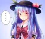  1girl arms_at_sides blue_hair blush food fruit hair_between_eyes hinanawi_tenshi large_hat light_smile long_hair looking_at_viewer peach puffy_short_sleeves puffy_sleeves red_eyes shirt short_sleeves simple_background smile t.m_(aqua6233) touhou upper_body white_shirt 