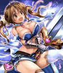  1girl breasts brown_eyes brown_hair granblue_fantasy idolmaster idolmaster_cinderella_girls large_breasts open_mouth smile solo sword takahashi_rodemu totoki_airi twintails weapon 