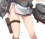  &gt;_&lt; 1girl :3 :d akizuki_(kantai_collection) anchor bare_legs buttons chou-10cm-hou-chan close-up closed_eyes head_out_of_frame kantai_collection lower_body machinery miniskirt ohiya open_mouth pleated_skirt side_slit simple_background skirt smile solo thigh_strap thighs turret white_background white_legwear white_skirt 