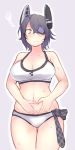  1girl belly_grab bikini breasts checkered checkered_necktie cleavage cowboy_shot eyepatch frown ganesagi headgear kantai_collection large_breasts necktie purple_hair simple_background solo sweat swimsuit tenryuu_(kantai_collection) weight_conscious white_bikini white_swimsuit yellow_eyes 