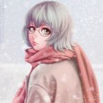  1girl artist_name black-framed_glasses brown_coat coat eto_(tokyo_ghoul) expressionless green_eyes highres lips looking_at_viewer motion_blur naoko_(naoko00) red_scarf scarf short_hair silver_hair snowflakes snowing solo tokyo_ghoul upper_body watermark web_address 