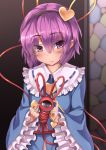  1girl blush commentary_request doll hairband heart highres knot komeiji_satori long_sleeves looking_at_viewer purple_hair shirt solo third_eye touhou usotsuki_penta violet_eyes wide_sleeves 