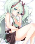  1girl green_eyes green_hair hatsune_miku long_hair looking_at_viewer lying necktie on_side skirt solo twintails very_long_hair vocaloid 