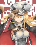  1girl absurdres anchor aqua_eyes bismarck_(kantai_collection) blonde_hair brown_gloves coat detached_sleeves gloves hair_over_one_eye hat highres jacket_on_shoulders kantai_collection long_hair peaked_cap ranf sidelocks smile solo 