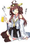  1girl 501092-taka ;d ahoge alcohol bare_shoulders beer beer_mug blue_eyes boots breasts brown_hair cup detached_sleeves double_bun hairband headgear holding japanese_clothes kantai_collection kongou_(kantai_collection) long_hair mug nontraditional_miko one_eye_closed open_mouth ribbon-trimmed_sleeves ribbon_trim simple_background sitting skirt smile thigh-highs thigh_boots white_background wide_sleeves yokozuwari 