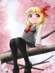  1girl 2016 araki_(qbthgry) artist_name black_legwear blonde_hair blush cherry_blossoms dated from_below full_body hair_ribbon in_tree long_sleeves looking_at_viewer looking_down mary_janes necktie red_eyes red_necktie ribbon rumia shirt shoes short_hair sitting sitting_in_tree skirt skirt_set smile solo thigh-highs touhou tree vest 