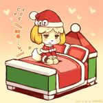  1girl animal_ears bed bell blonde_hair brown_eyes christmas dog_ears doubutsu_no_mori dress furry hat jingle_bell open_mouth pillow santa_costume santa_hat shigatake shizue_(doubutsu_no_mori) short_hair sitting smile solo tail 