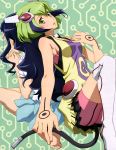  2girls absurdres back-to-back bare_shoulders barefoot black_hair blue_skirt cable dimension_w green_eyes green_hair hair_ornament hands_clasped highres long_hair multicolored_hair multiple_girls open_mouth skirt tattoo thigh-highs two-tone_hair white_legwear 