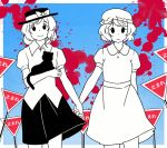  2girls animated animated_gif blood blood_splatter bow cat commentary dress facing_viewer frown hair_bow holding_cat holding_hands kagerou_days_(vocaloid) looking_at_viewer maribel_hearn multiple_girls nekolina short_hair sign smile touhou translation_request usami_renko 