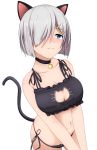  1girl alphe animal_ears bare_shoulders bell bell_choker bell_collar black_bra black_panties blue_eyes blush bra breasts cat_cutout cat_ear_panties cat_ears cat_lingerie cat_tail choker cleavage_cutout collar collarbone hair_ornament hair_over_one_eye hairclip hamakaze_(kantai_collection) highres kantai_collection kemonomimi_mode large_breasts navel panties short_hair side-tie_panties silver_hair simple_background solo stomach tail underwear underwear_only v_arms white_background 
