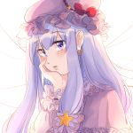  1girl blush capelet earrings hair_ribbon hand_on_own_face hat jewelry long_hair long_sleeves looking_at_viewer mob_cap open_mouth patchouli_knowledge purple_hair ribbon siam_(meow13) simple_background solo touhou tress_ribbon upper_body violet_eyes white_background 